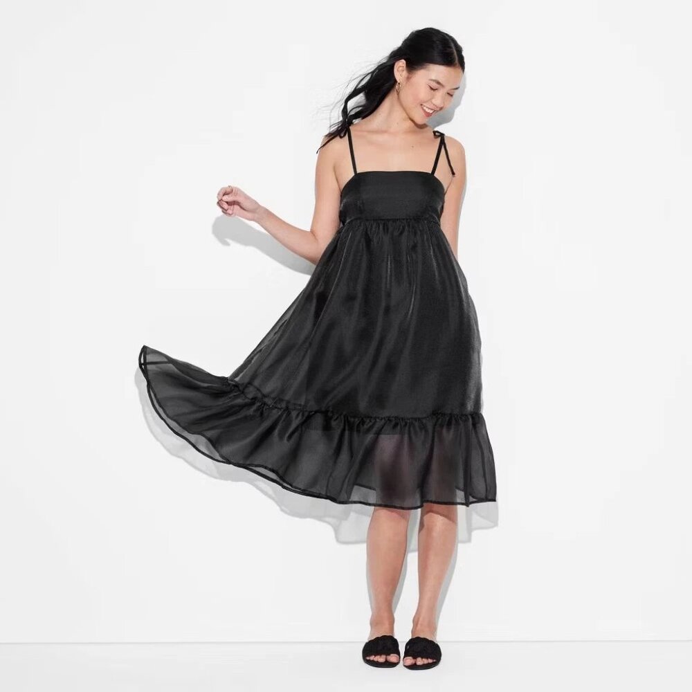 Wild Fable Women’s Dress Black Sheer Tiered Midi Babydoll Small NEW WITH TAG